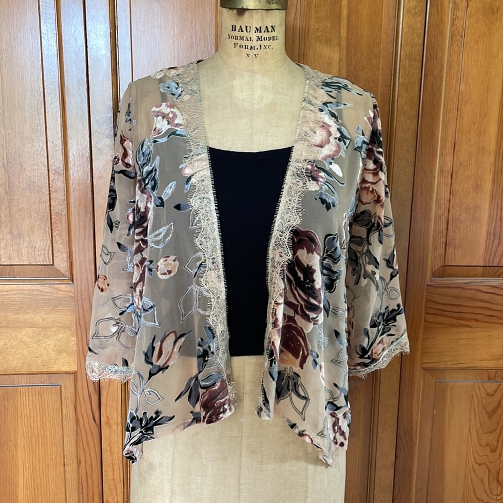 💙 W5 Black Kimono Style Floral Print Burnout Velvet Open Front cardigan
